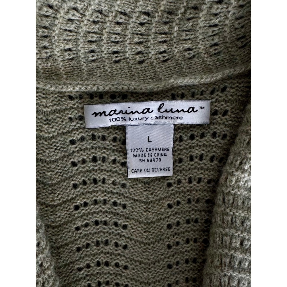 Marina Luna 100% Cashmere Cardigan Sweater Shawl Collar Sage Green Pointelle L - Picture 2 of 4